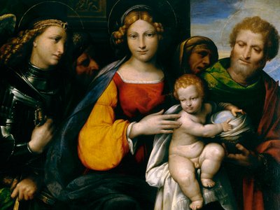 Pintura retratando a Madonna e a criança com os santos de Benvenuto Tisi da Garofalo